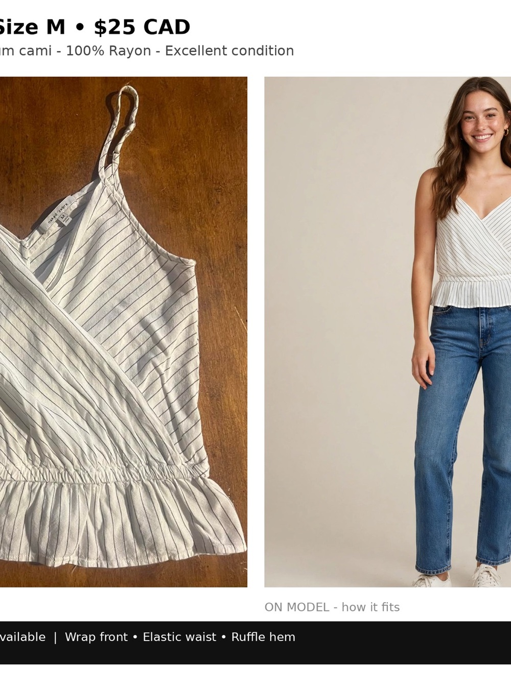 Naked Zebra White Cami with Navy Pinstripes and Ruffle Hem